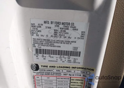 2009 Ford F-150 Fx4/King Ranch/Lariat/Platinum/Xl/Xlt z USA, uszkodzony, nr VIN 1FTPW14V79KB51556